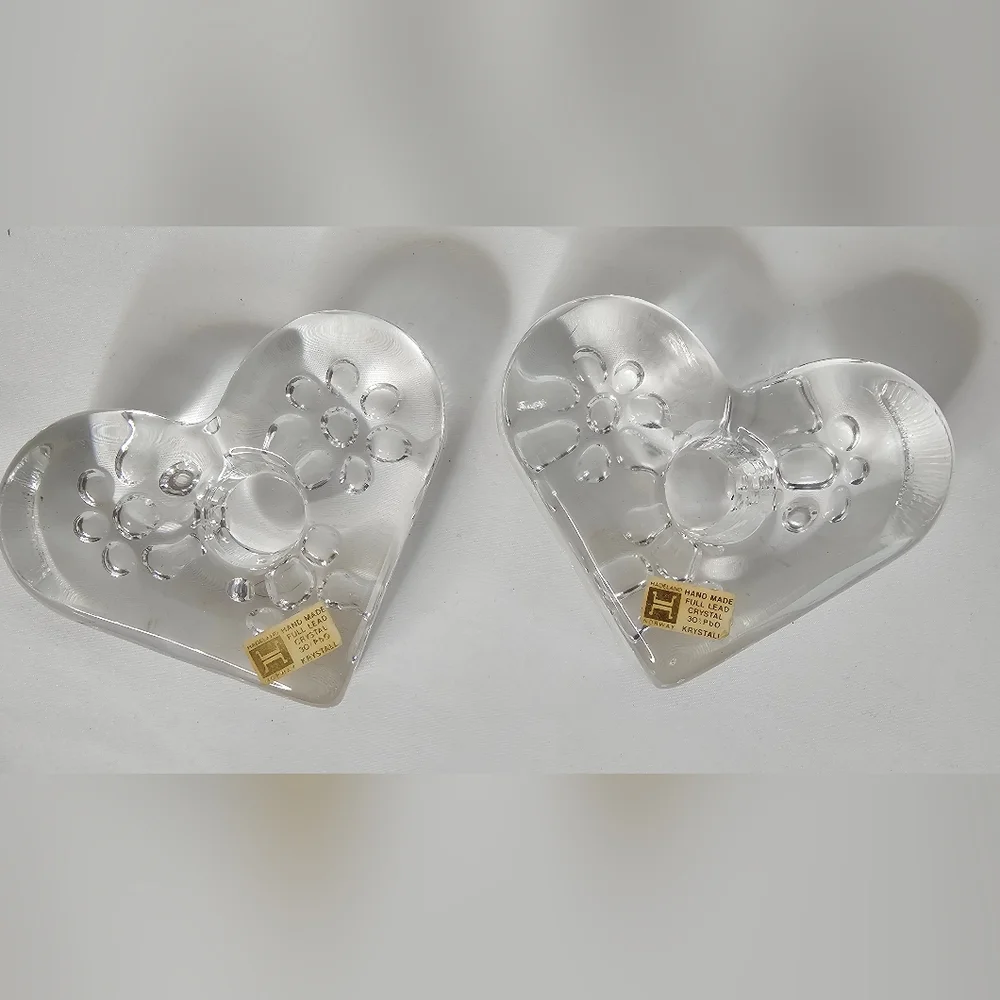 ​Hadeland Norway Glass Heart Candle Holder Pair Full Lead Crystal Handmade NOS